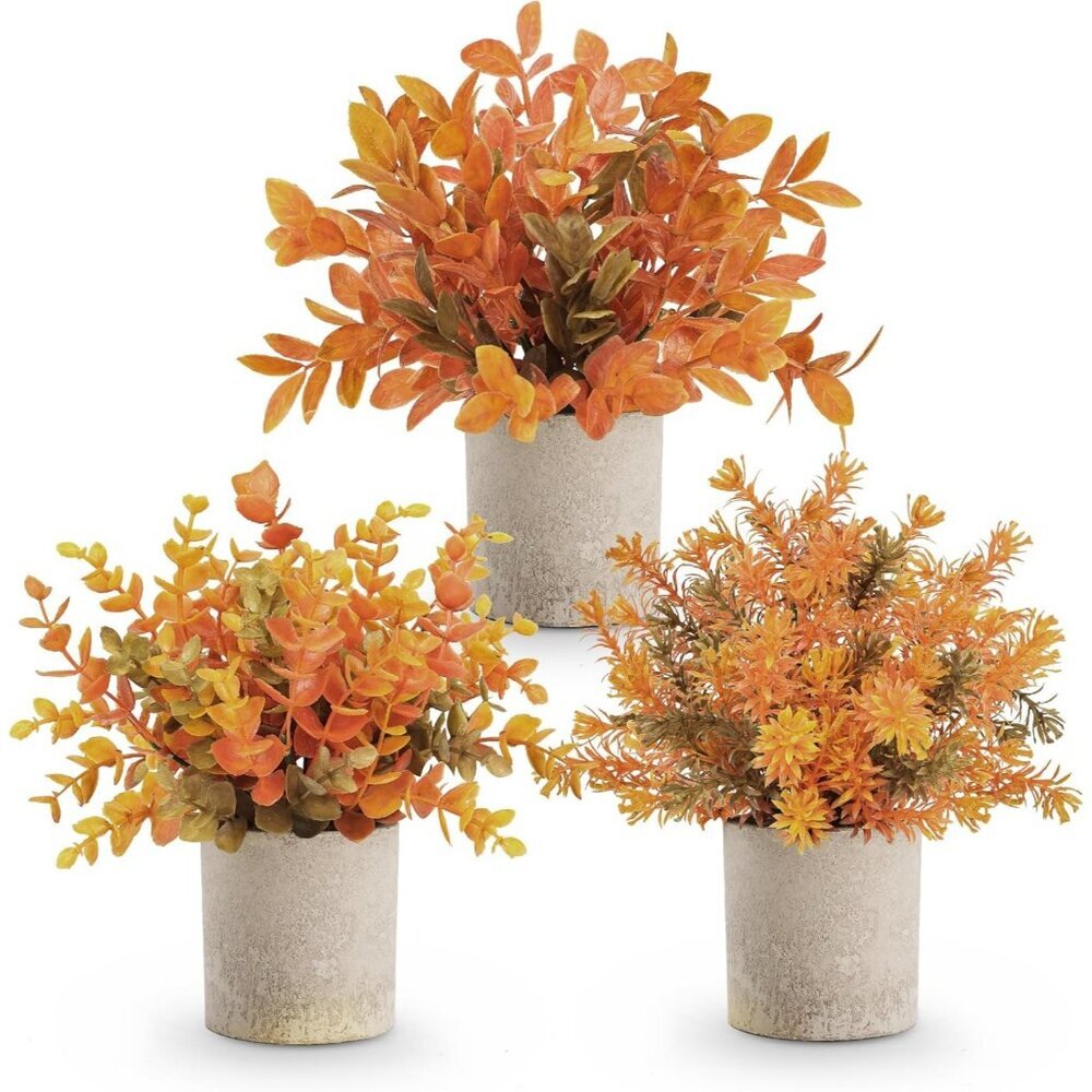 3 Pack Mini Potted Fake Plants Artificial Plastic Eucalyptus Plants Orange